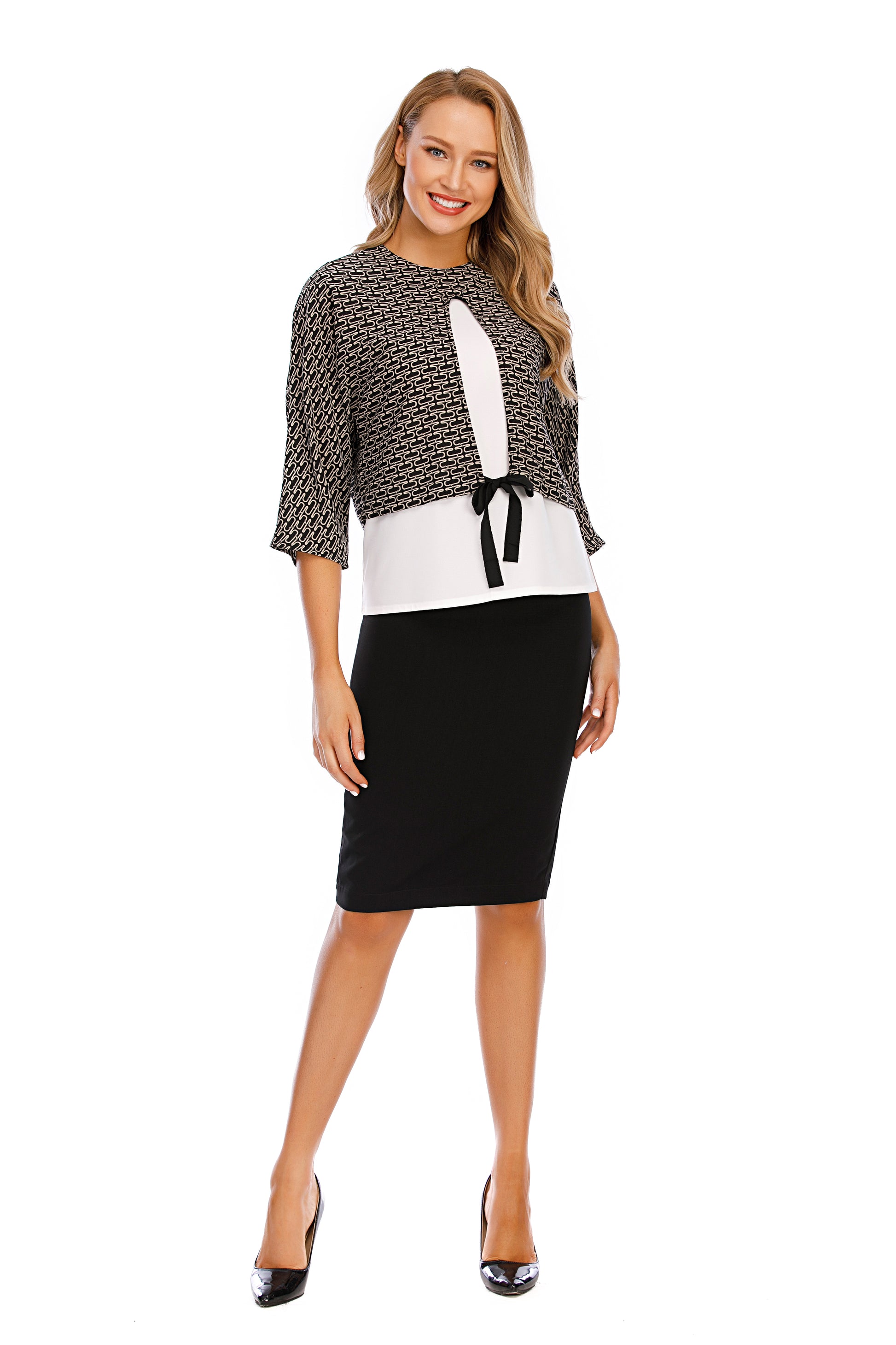 Tie Front Modest 3/4 Sleeve Faux Two-Piece Blouse - seilerlanguageservices