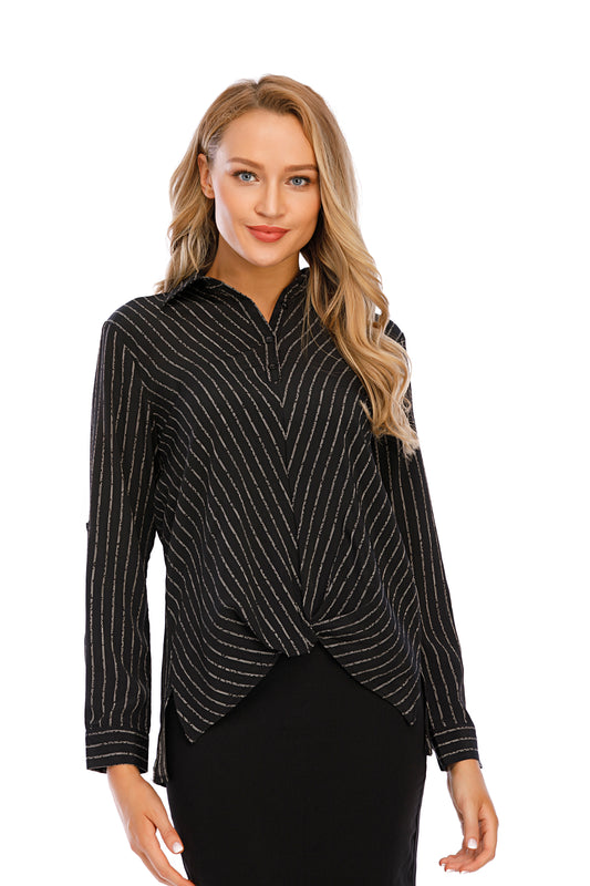 Long Sleeves Narrow Stripe Wrap Look Shirt Blouse - alamaud