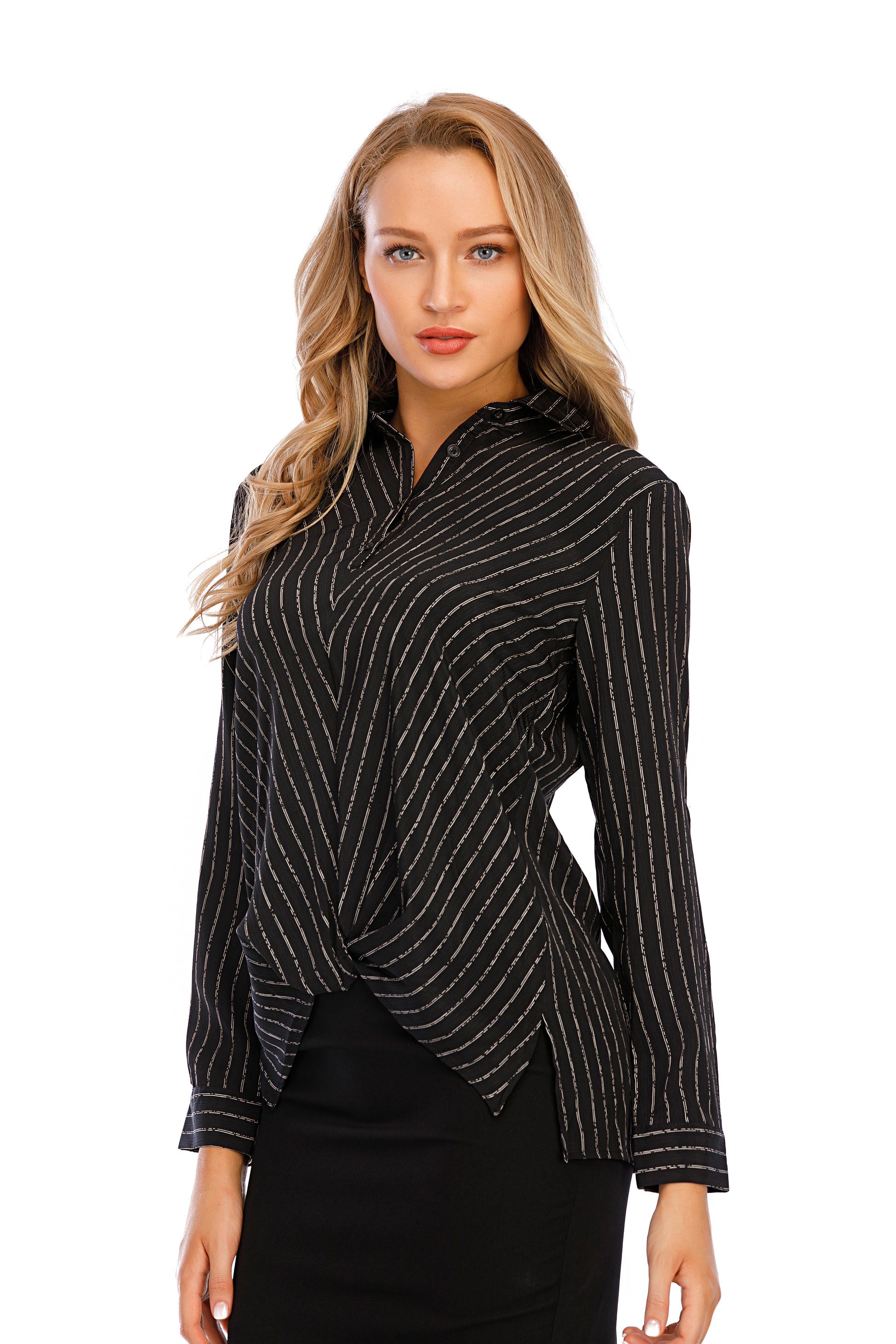 Long Sleeves Narrow Stripe Wrap Look Shirt Blouse - alamaud