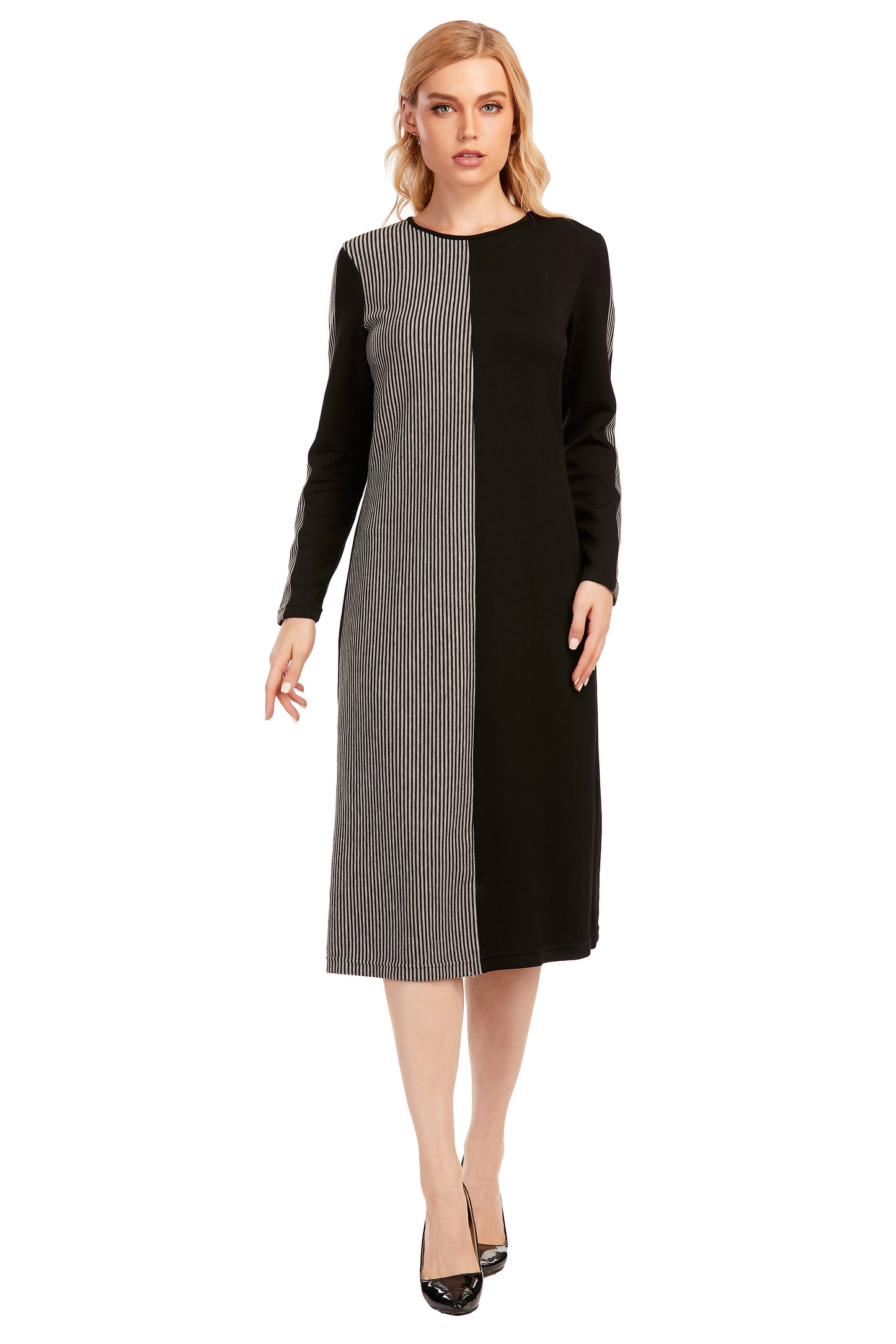 Striped & Solid Modest Knitted Long Sleeve Dress - alamaud