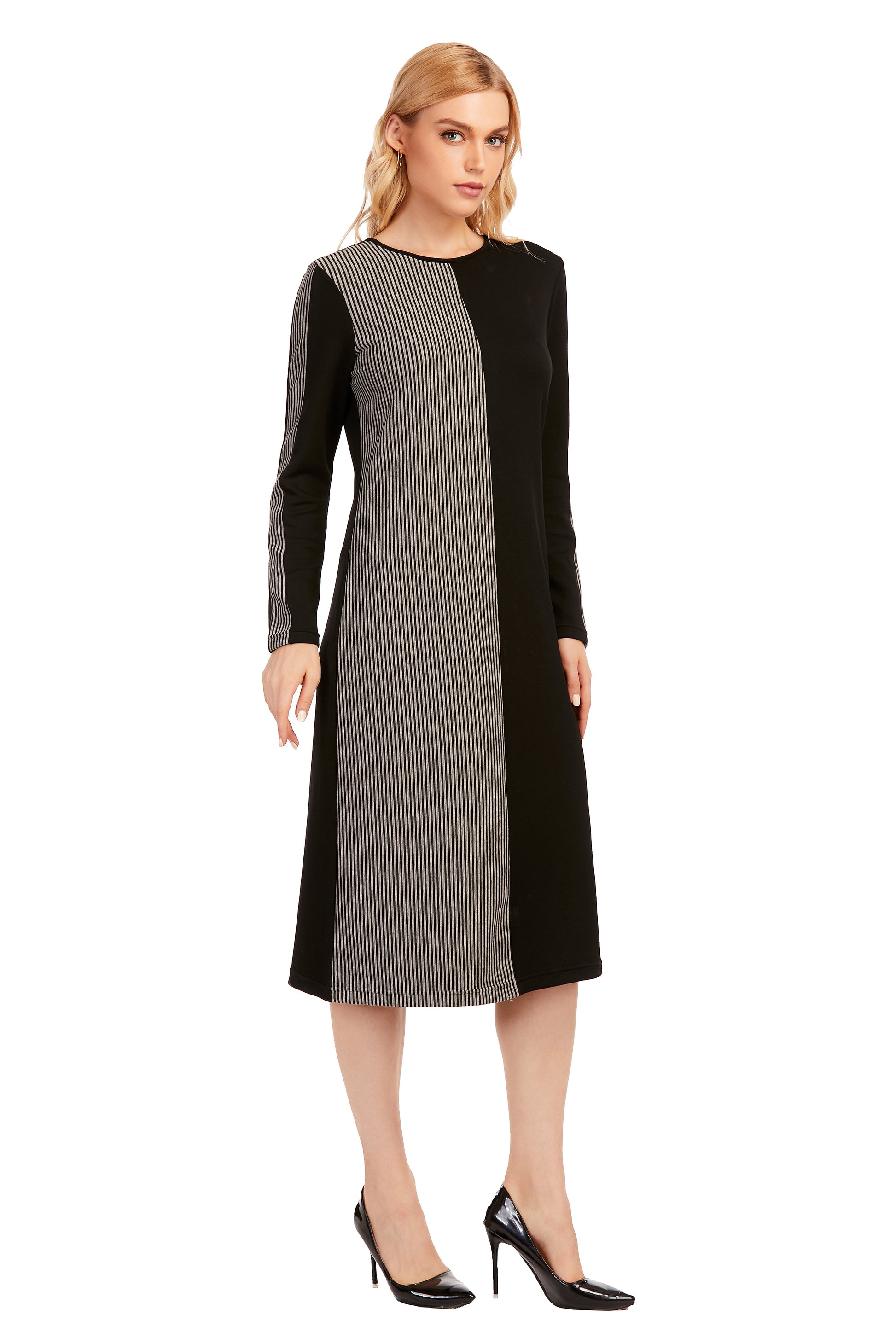 Striped & Solid Modest Knitted Long Sleeve Dress - alamaud