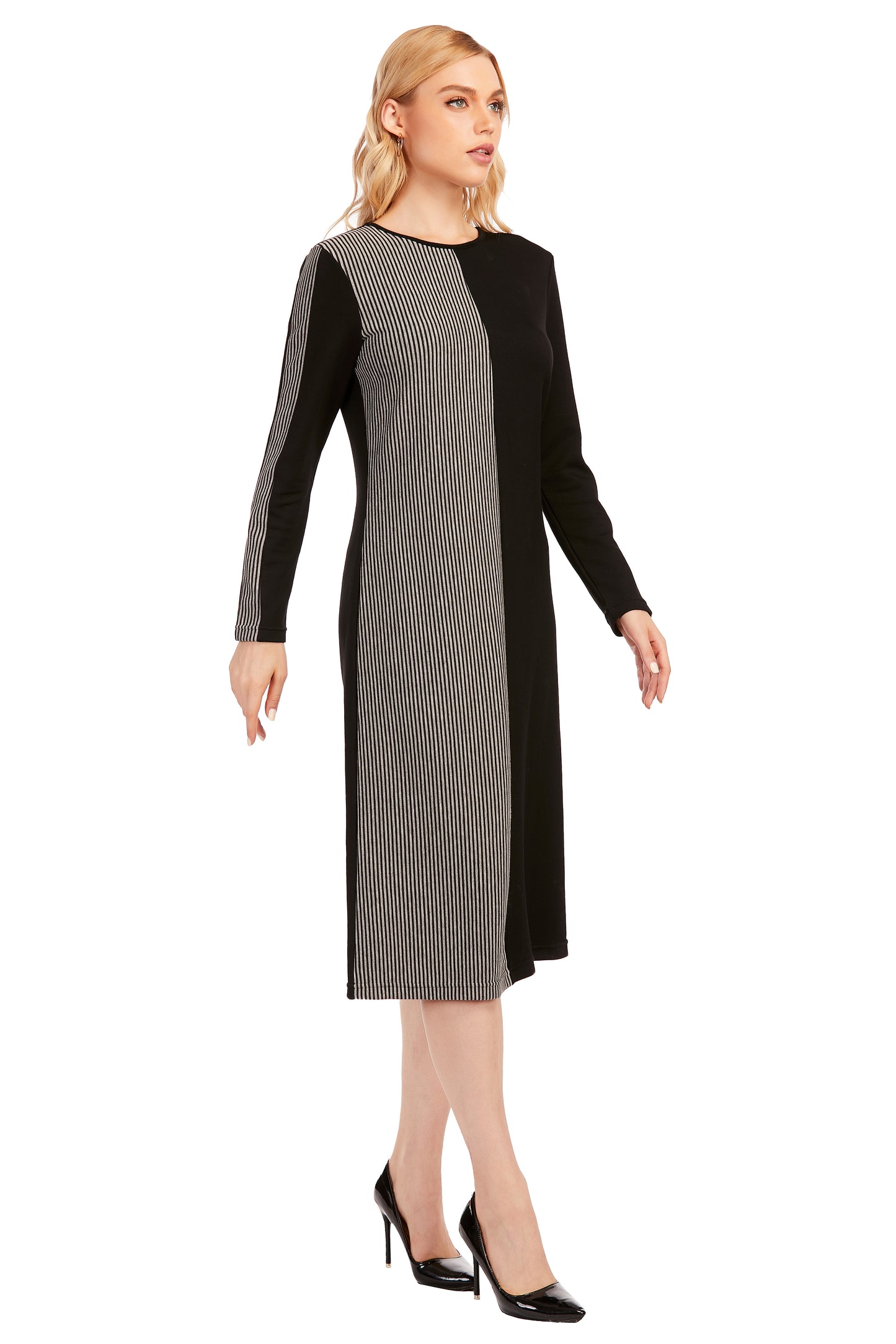 Striped & Solid Modest Knitted Long Sleeve Dress - alamaud