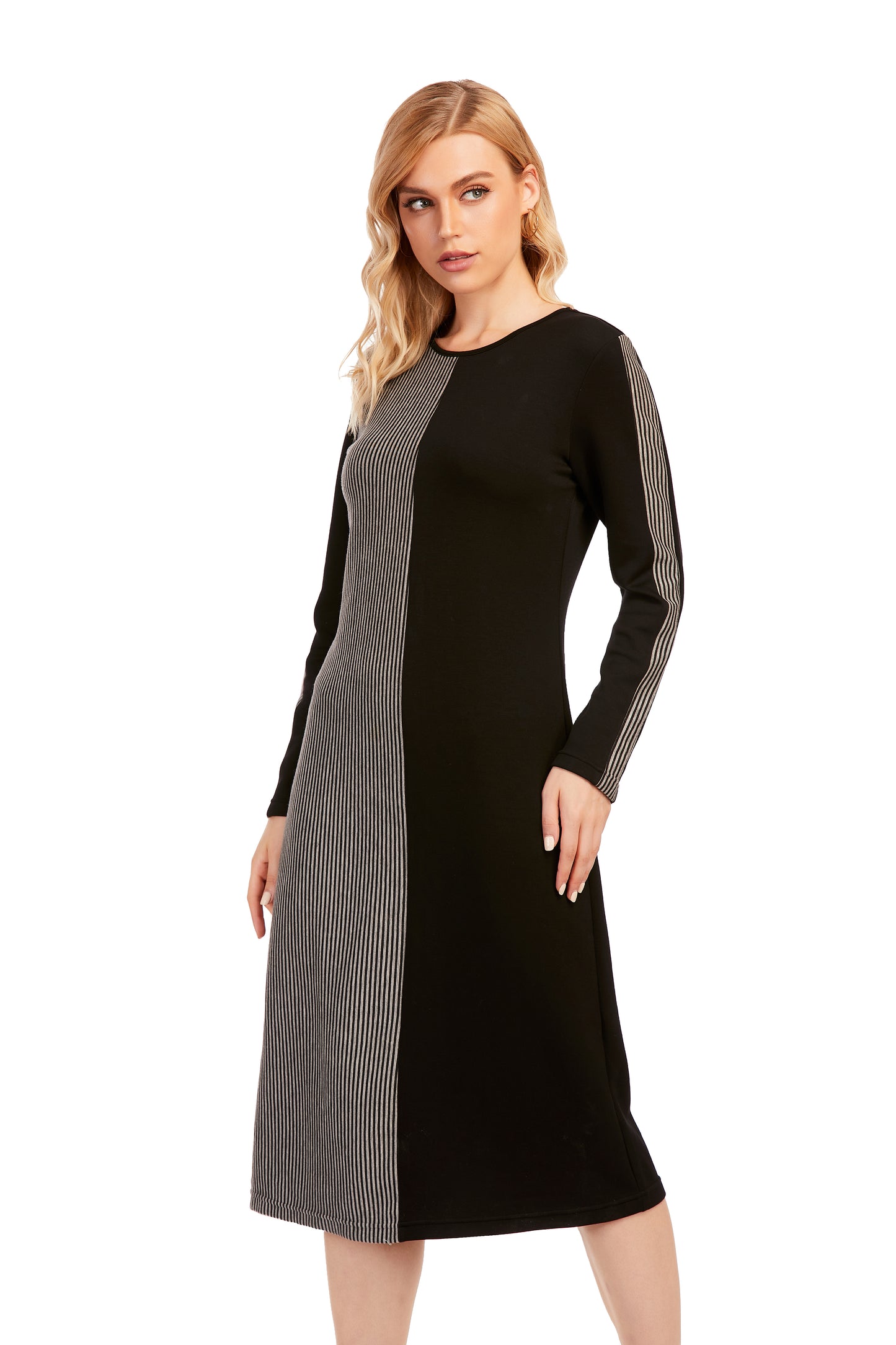 Striped & Solid Modest Knitted Long Sleeve Dress - alamaud