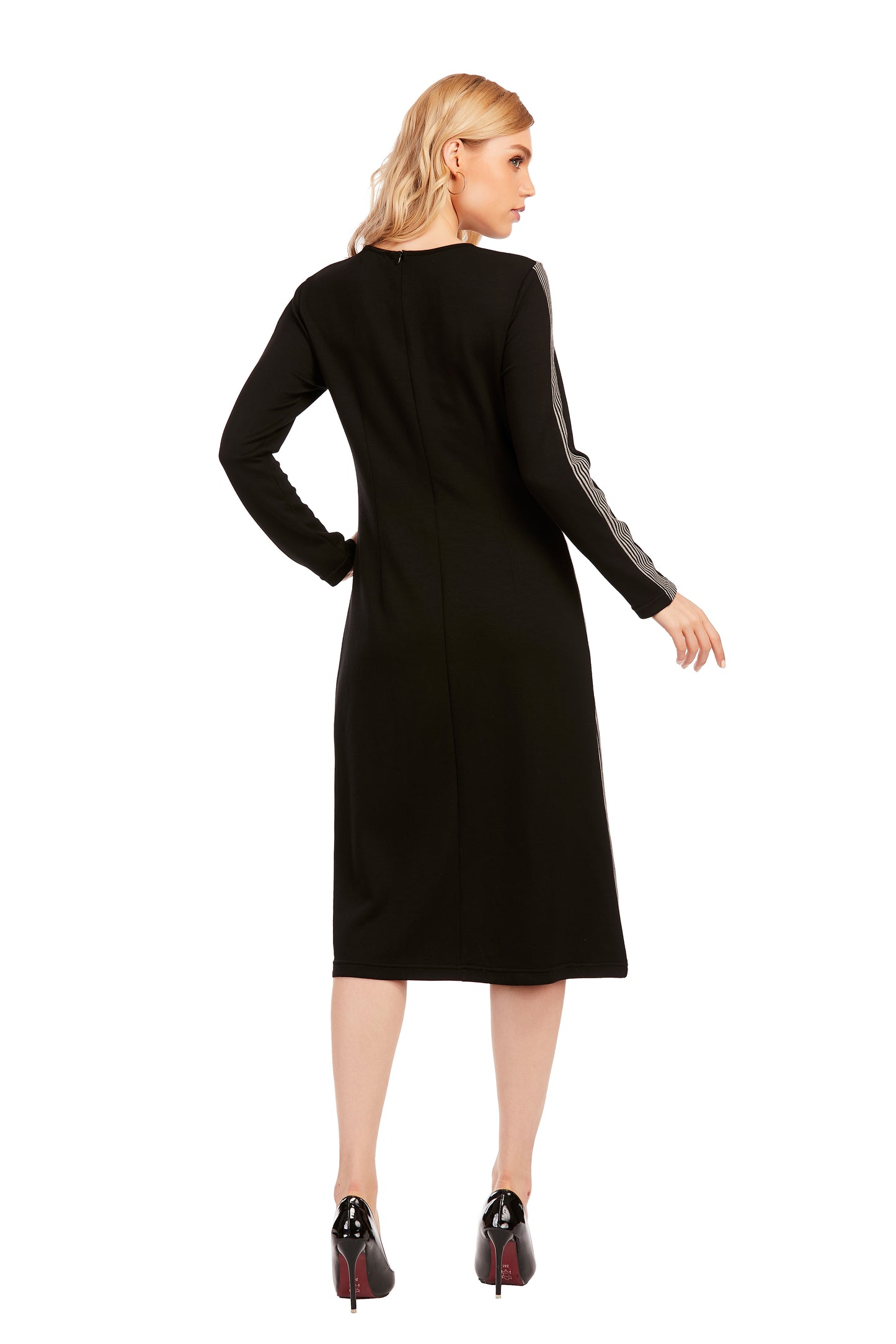 Striped & Solid Modest Knitted Long Sleeve Dress - alamaud