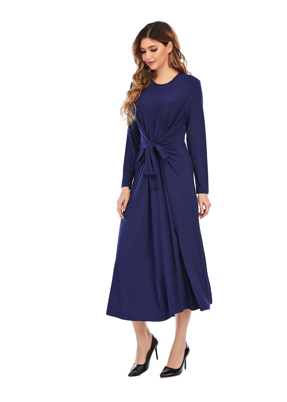 Long sleeve Knit Tie Front Midi Dress - alamaud