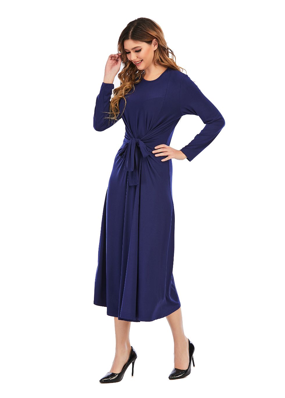 Long sleeve Knit Tie Front Midi Dress - alamaud