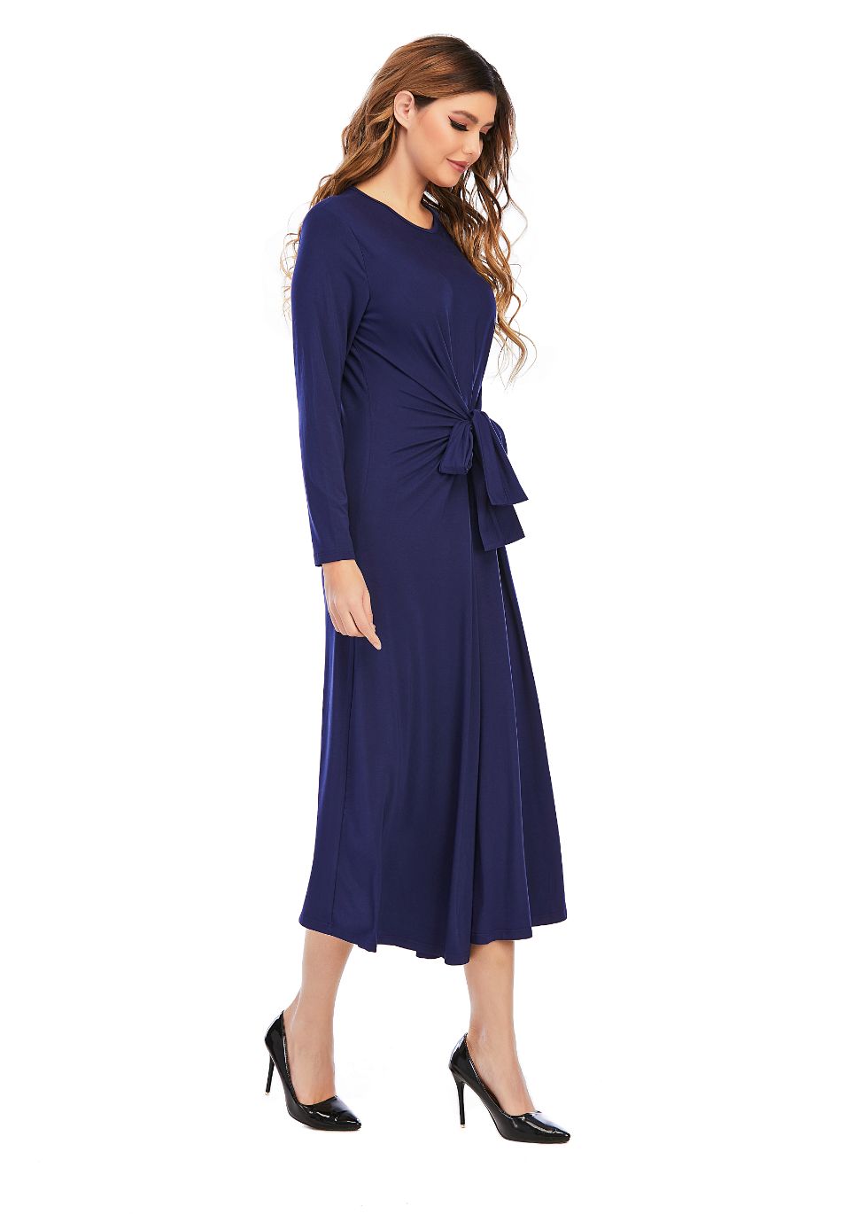 Long sleeve Knit Tie Front Midi Dress - alamaud