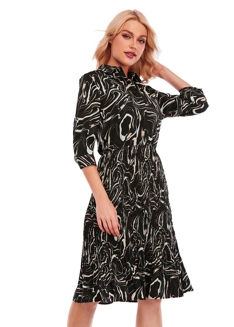 Micro Pleated Skirt Print Dress with 3/4 Sleeve and Button Down Top - alamaud