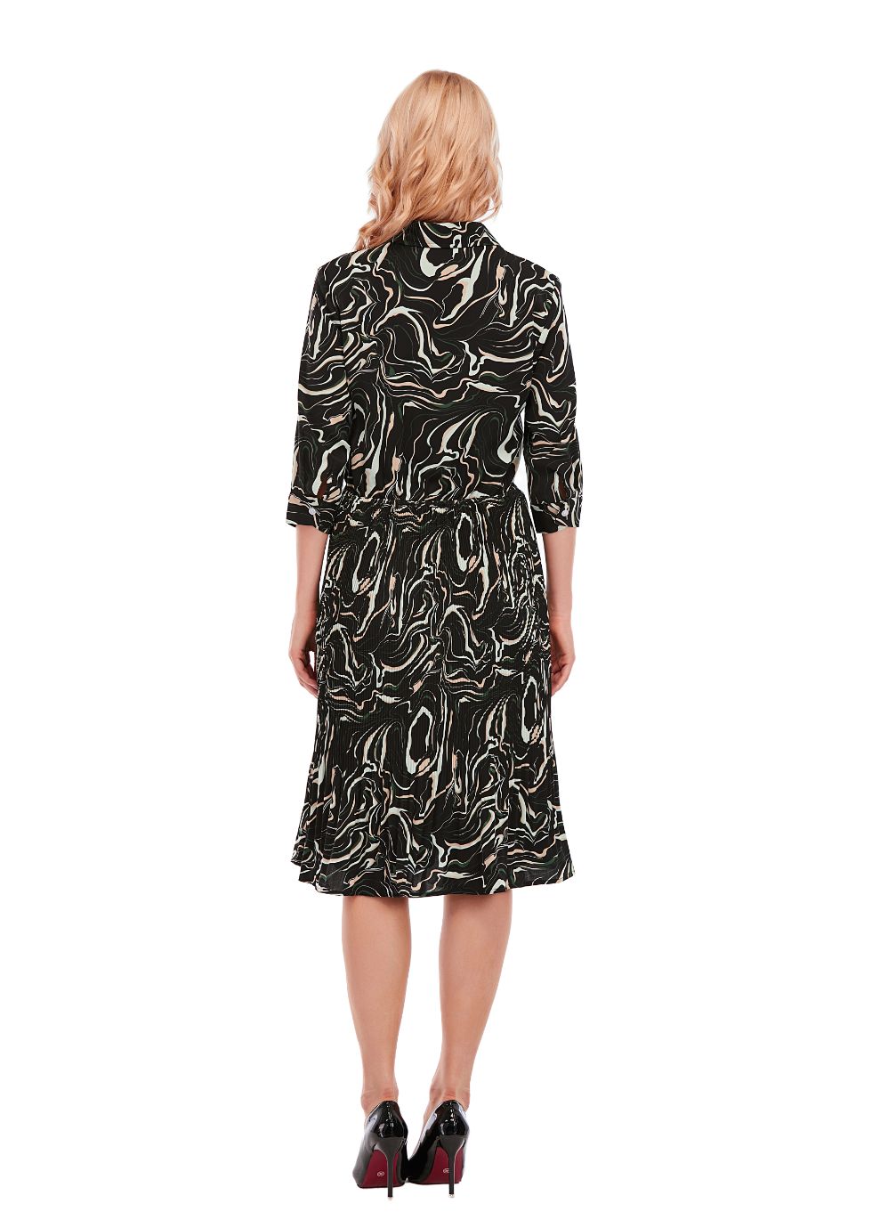 Micro Pleated Skirt Print Dress with 3/4 Sleeve and Button Down Top - alamaud