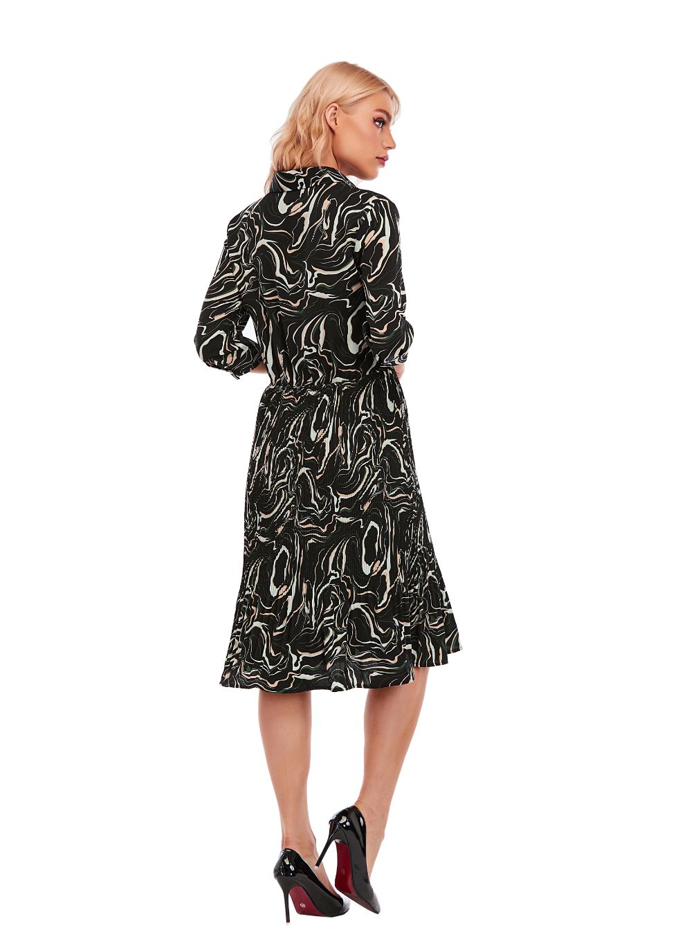 Micro Pleated Skirt Print Dress with 3/4 Sleeve and Button Down Top - alamaud