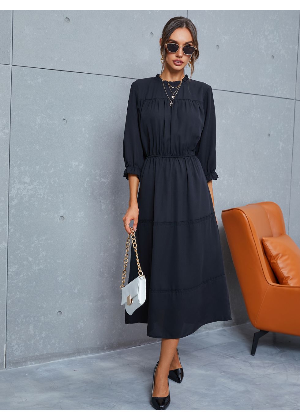 Modest 3/4 Sleeve Tiered Midi Dress - alamaud