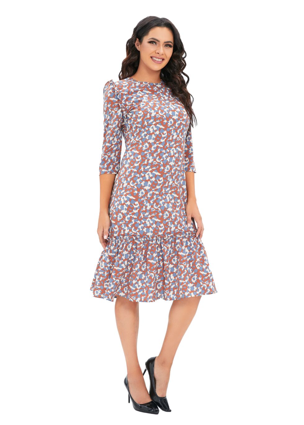 Low Waist Geo Print Dress with 3/4 Sleeves - alamaud