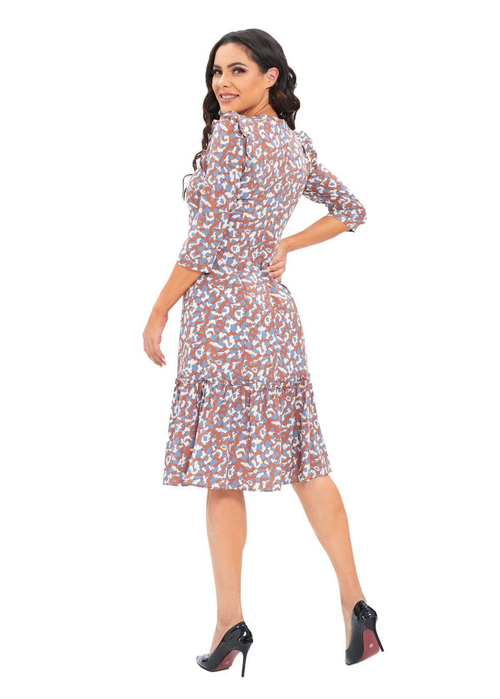 Low Waist Geo Print Dress with 3/4 Sleeves - alamaud