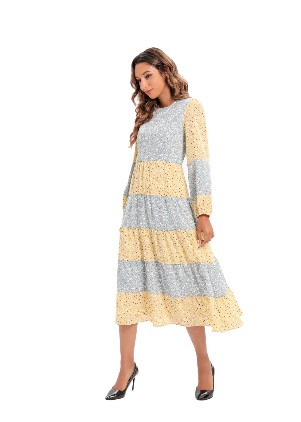 Mixed Print Midi Dress with Long Sleeves - alamaud