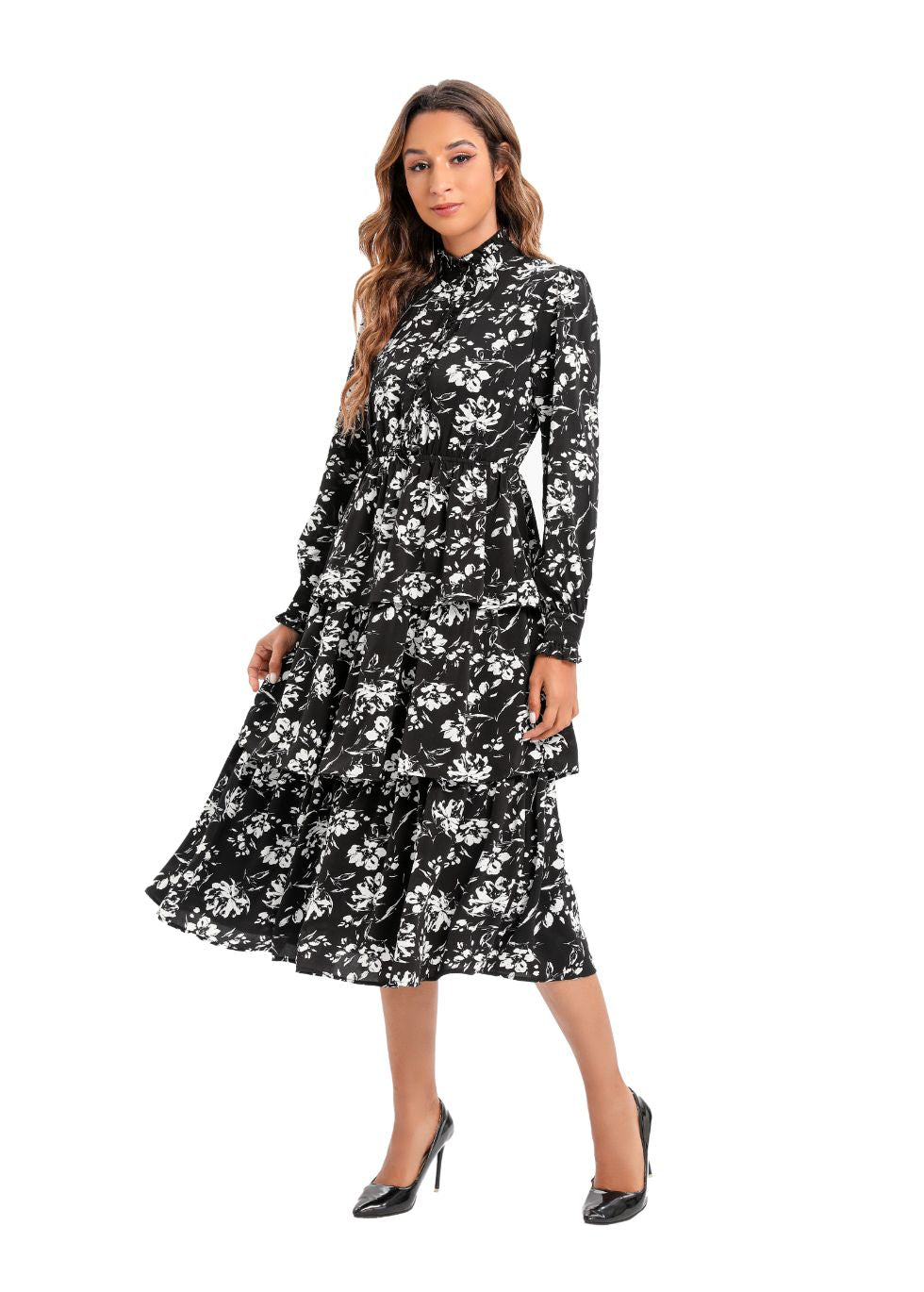 Long Sleeve Tiered Print Midi Dress - alamaud