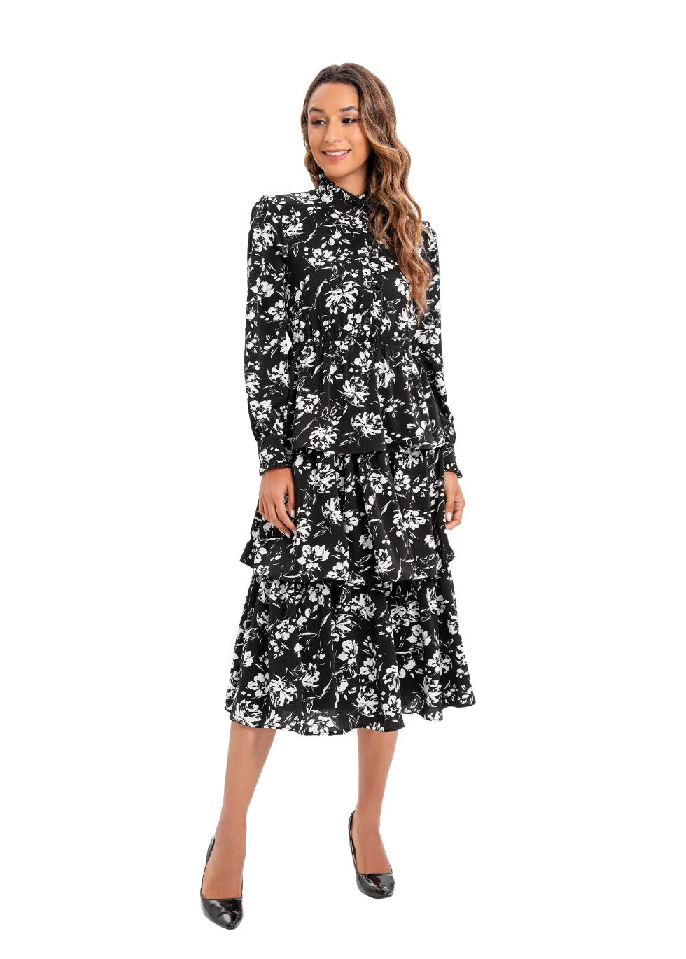 Long Sleeve Tiered Print Midi Dress - alamaud