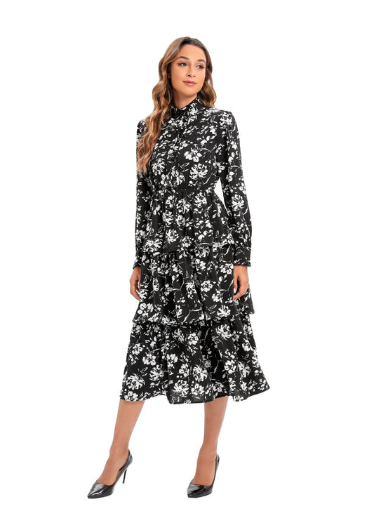 Long Sleeve Tiered Print Midi Dress - seilerlanguageservices