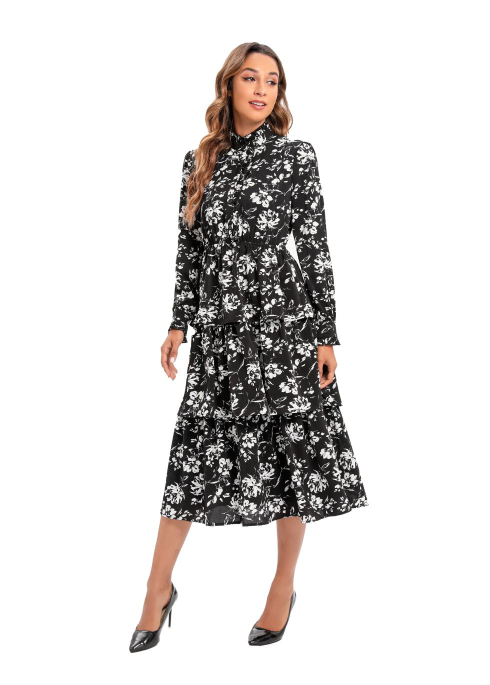 Long Sleeve Tiered Print Midi Dress - alamaud