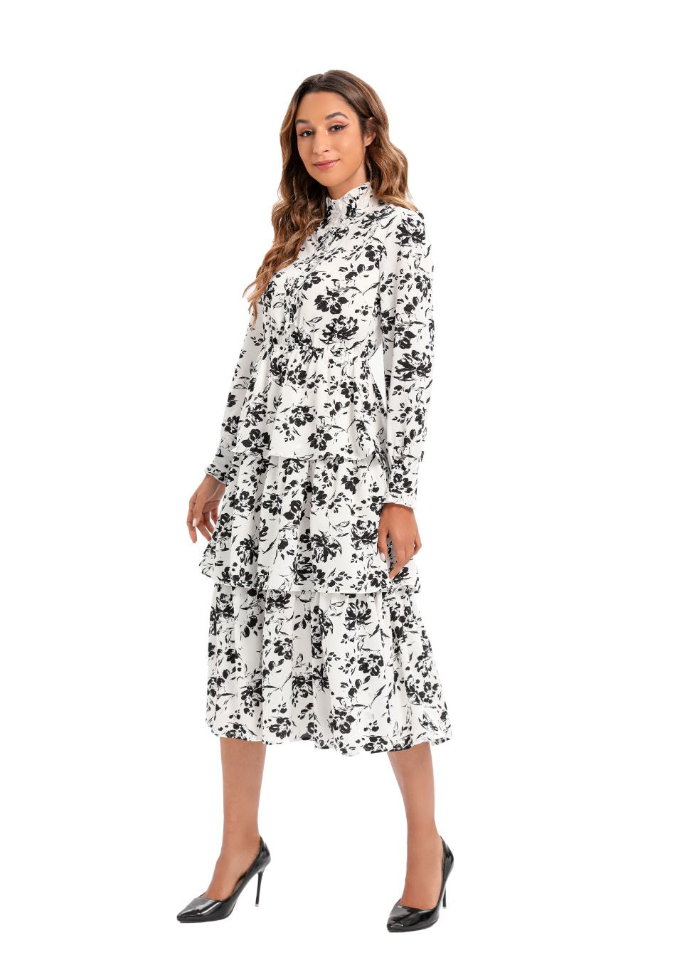 Long Sleeve Tiered Print Midi Dress - alamaud