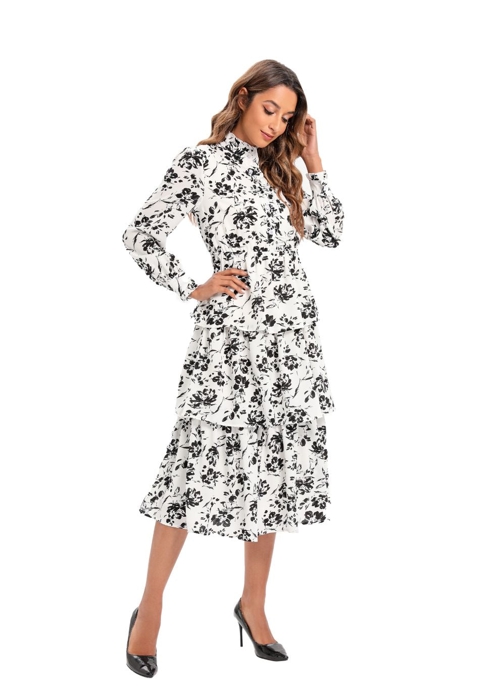 Long Sleeve Tiered Print Midi Dress - alamaud