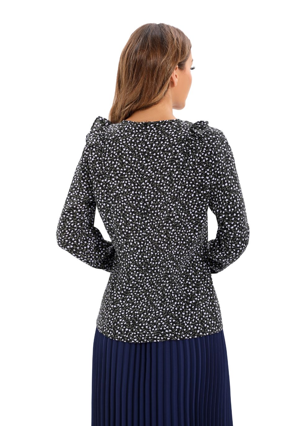 Micro Print Blouse with Long Sleeves and Bib Front - alamaud