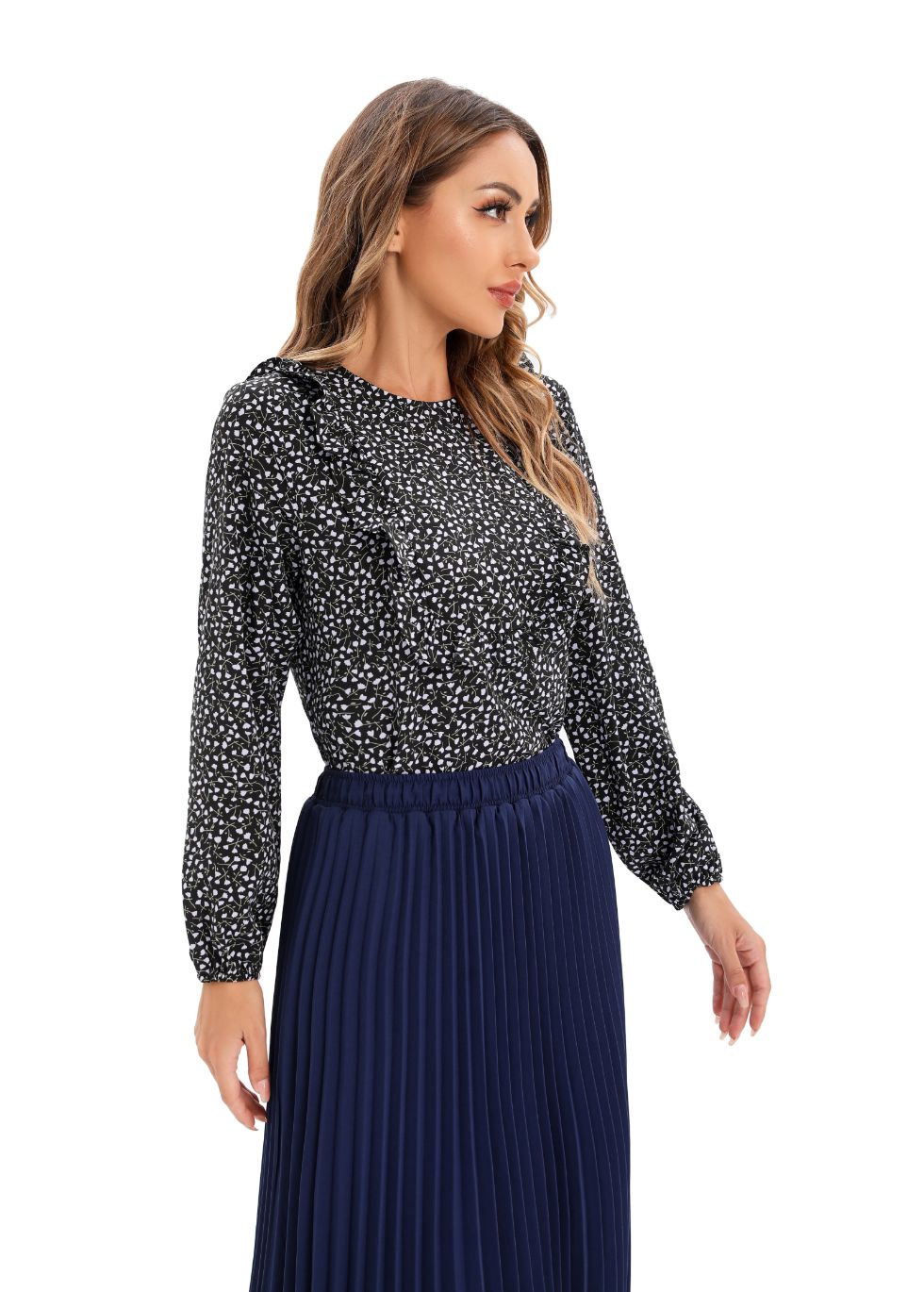 Micro Print Blouse with Long Sleeves and Bib Front - seilerlanguageservices