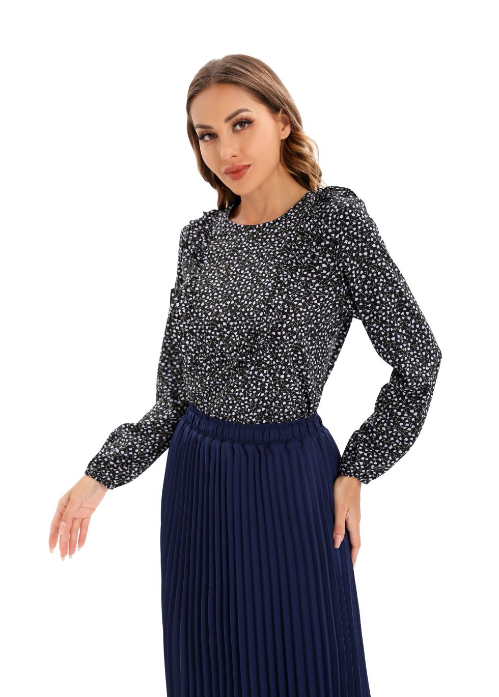 Micro Print Blouse with Long Sleeves and Bib Front - alamaud