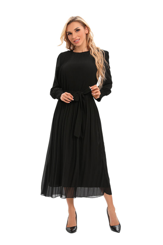 Micro Pleated Solid Black Dress with Smocked Cuffs - seilerlanguageservices