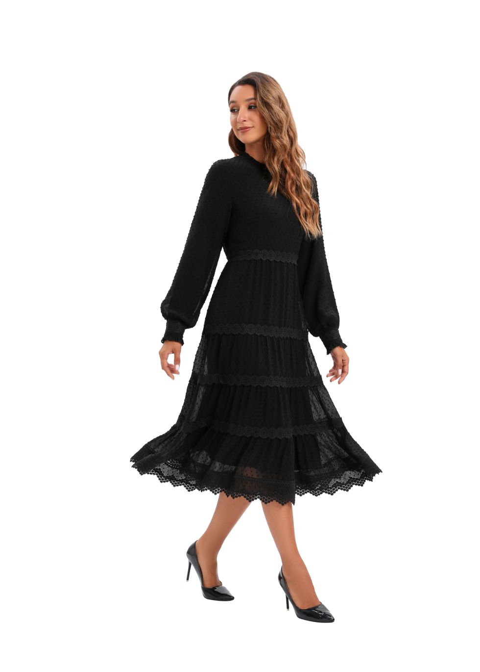 Modest Elegant Long Sleeves  Black Dress W/ Lace trimming 3086 - alamaud