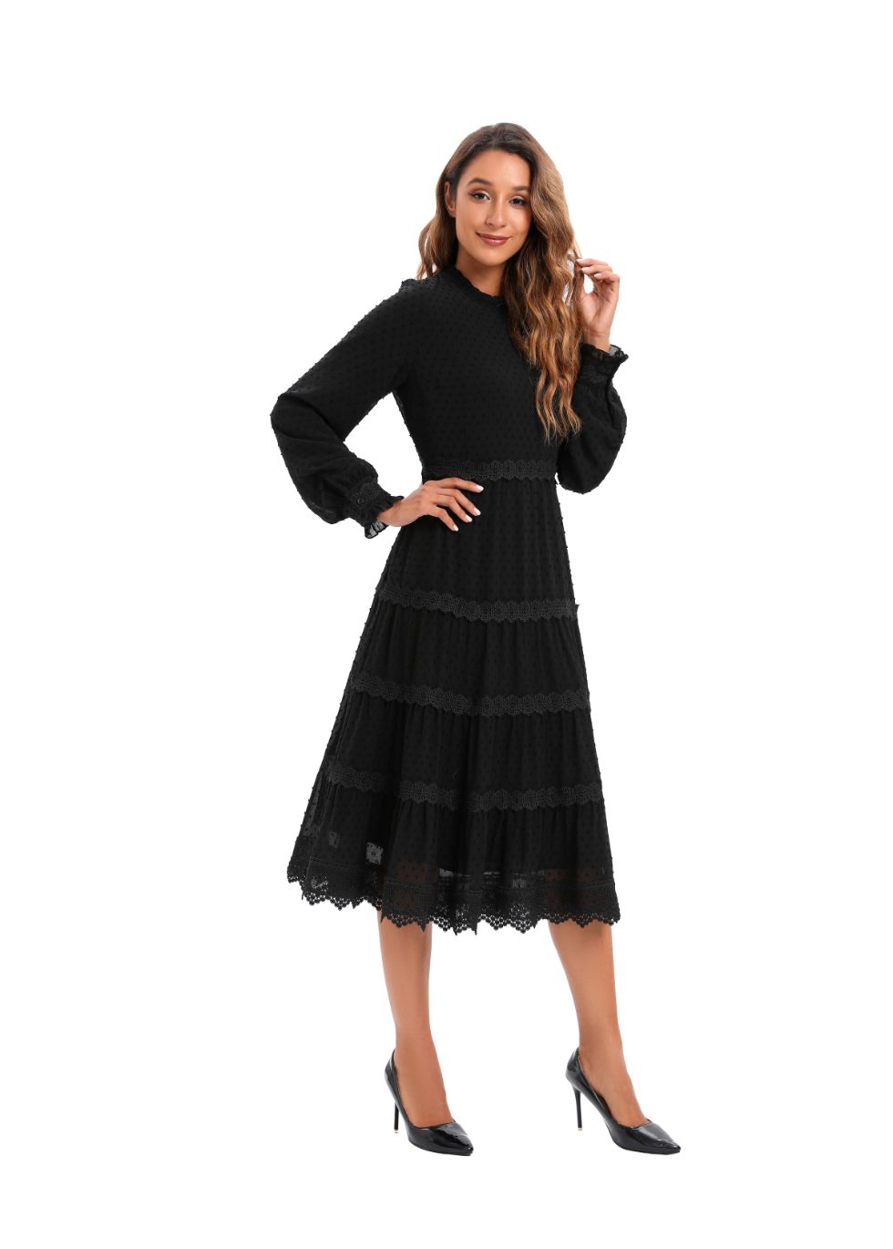 Modest Elegant Long Sleeves  Black Dress W/ Lace trimming 3086 - alamaud