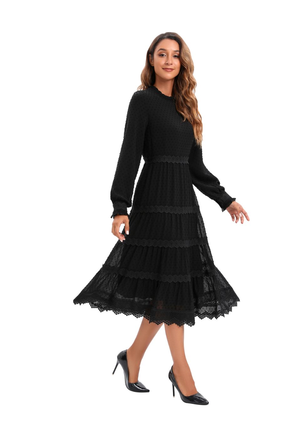 Modest Elegant Long Sleeves  Black Dress W/ Lace trimming 3086 - alamaud