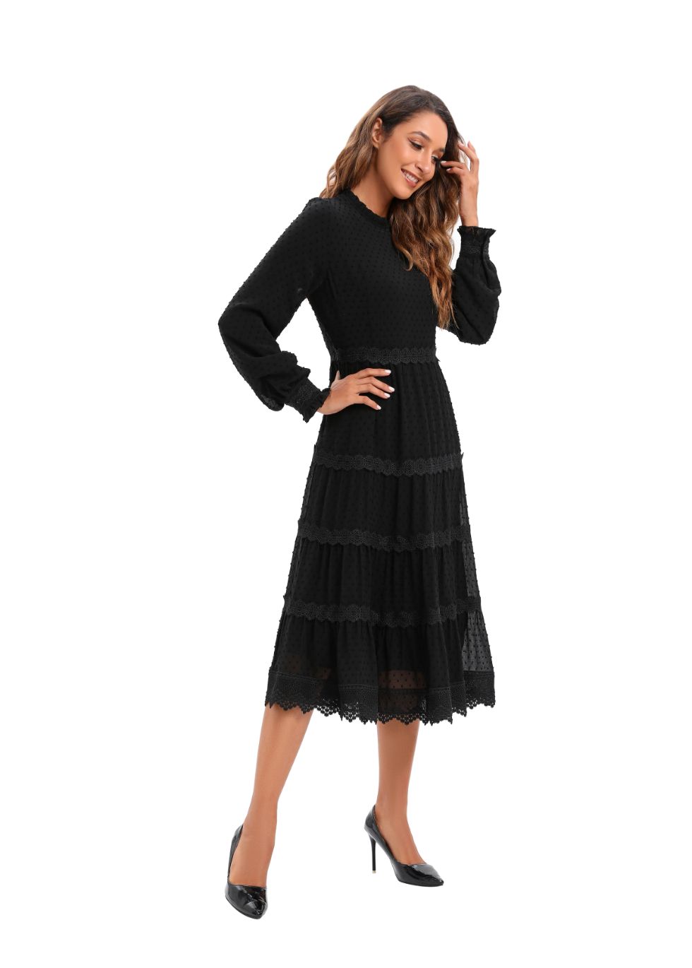 Modest Elegant Long Sleeves  Black Dress W/ Lace trimming 3086 - alamaud