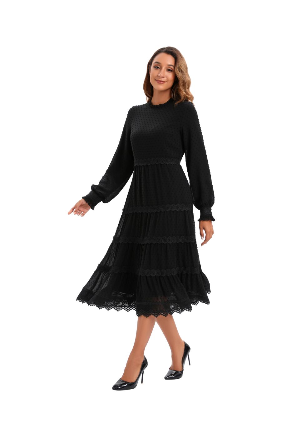 Modest Elegant Long Sleeves  Black Dress W/ Lace trimming 3086 - alamaud