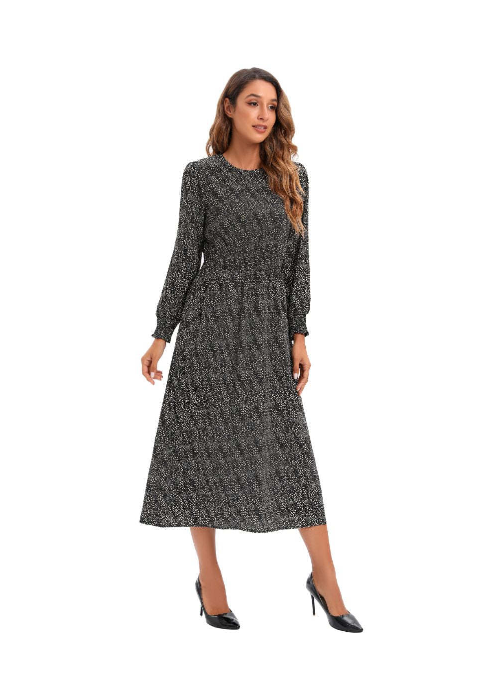 Smocked Micro Print Waist Dress with Long Sleeves - alamaud