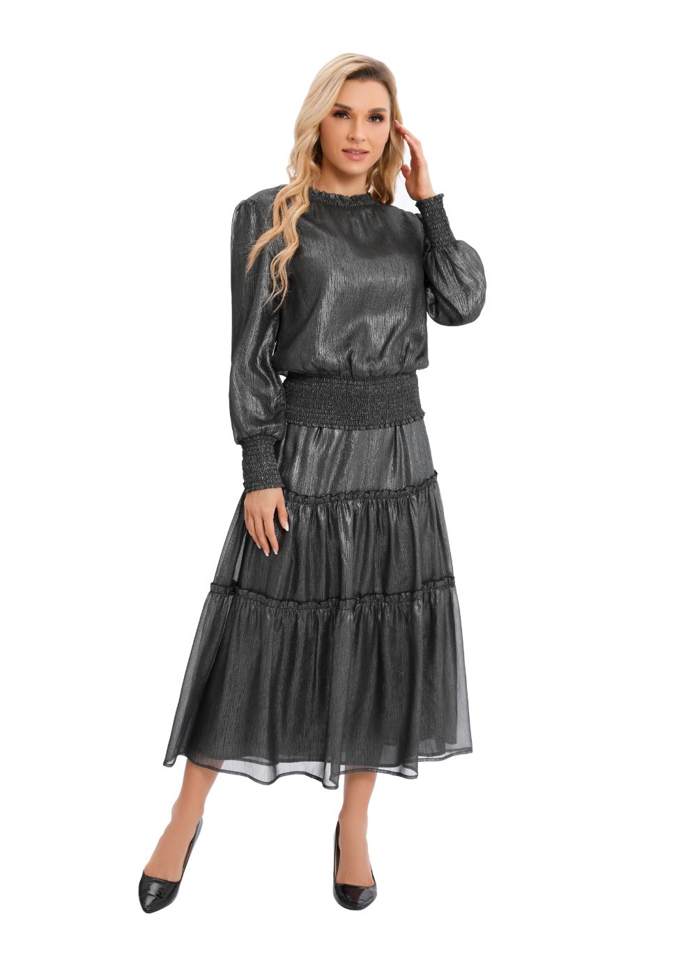 Shimmering Long Sleeve Two-Piece Set - alamaud