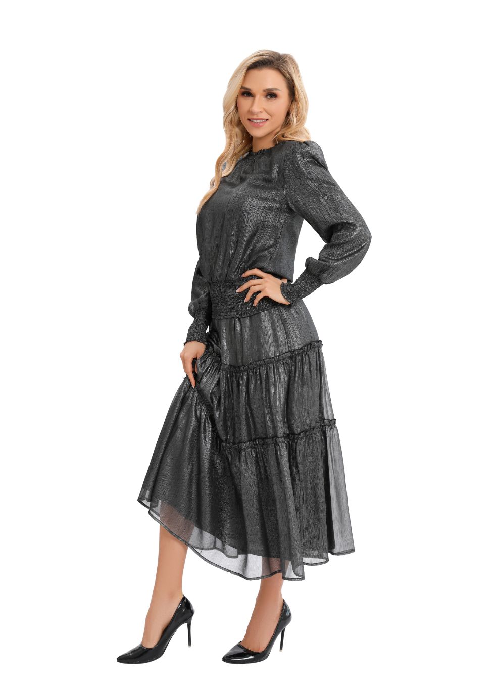 Shimmering Long Sleeve Two-Piece Set - alamaud