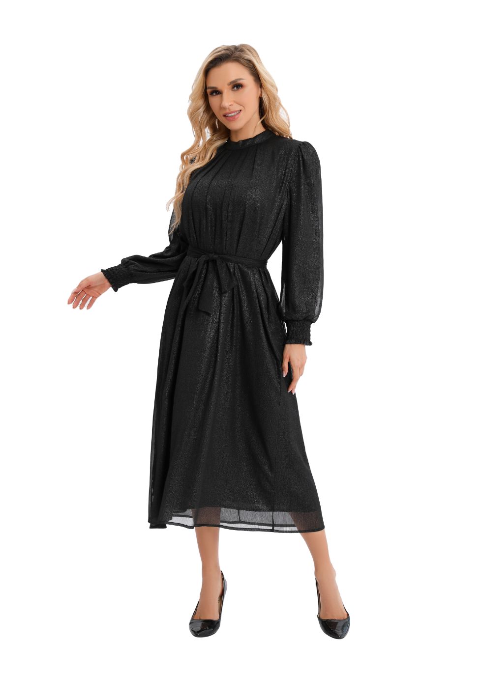 Belted Chiffon Long Sleeve Dress with Gold Shimmer - alamaud