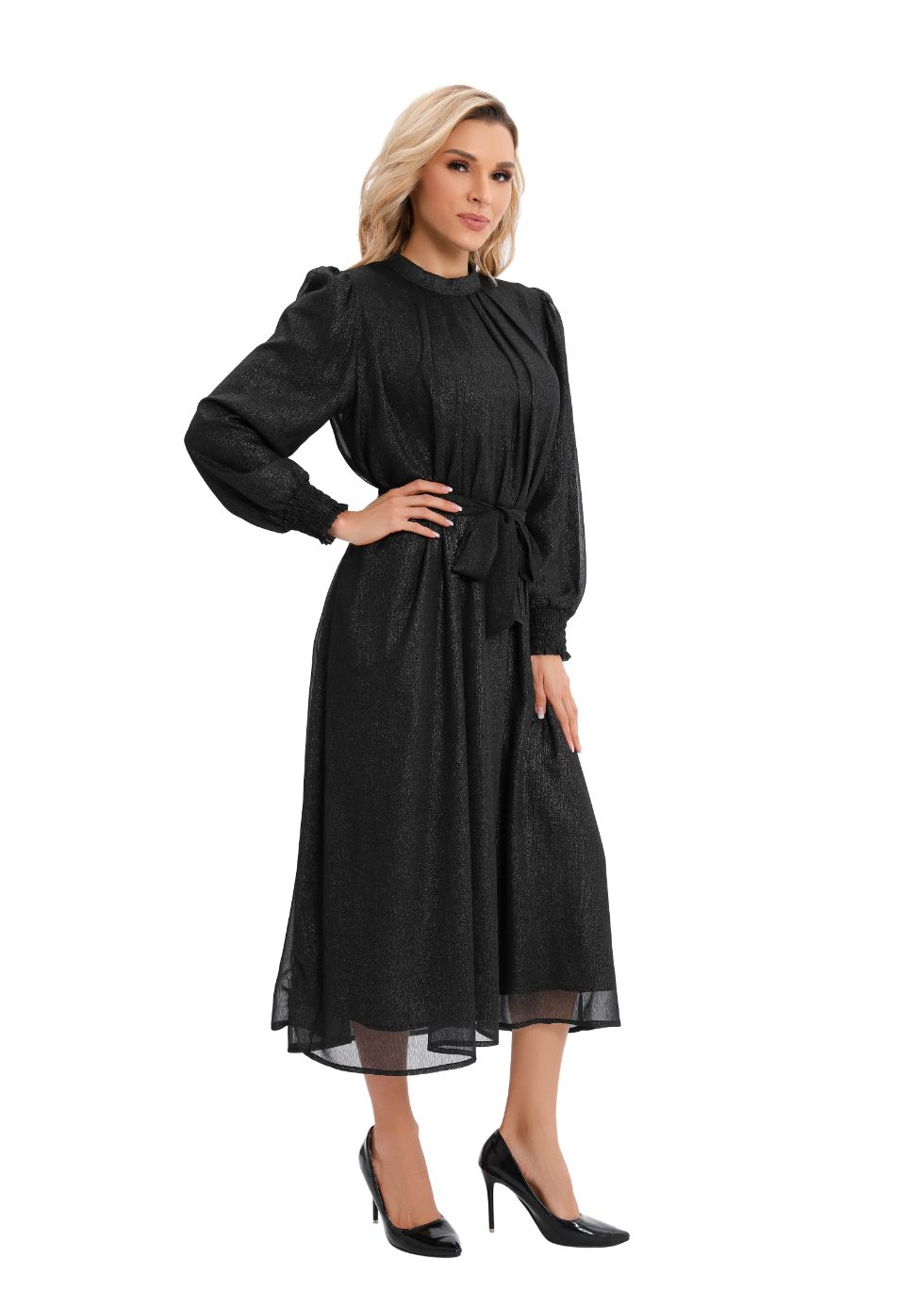 Belted Chiffon Long Sleeve Dress with Gold Shimmer - alamaud