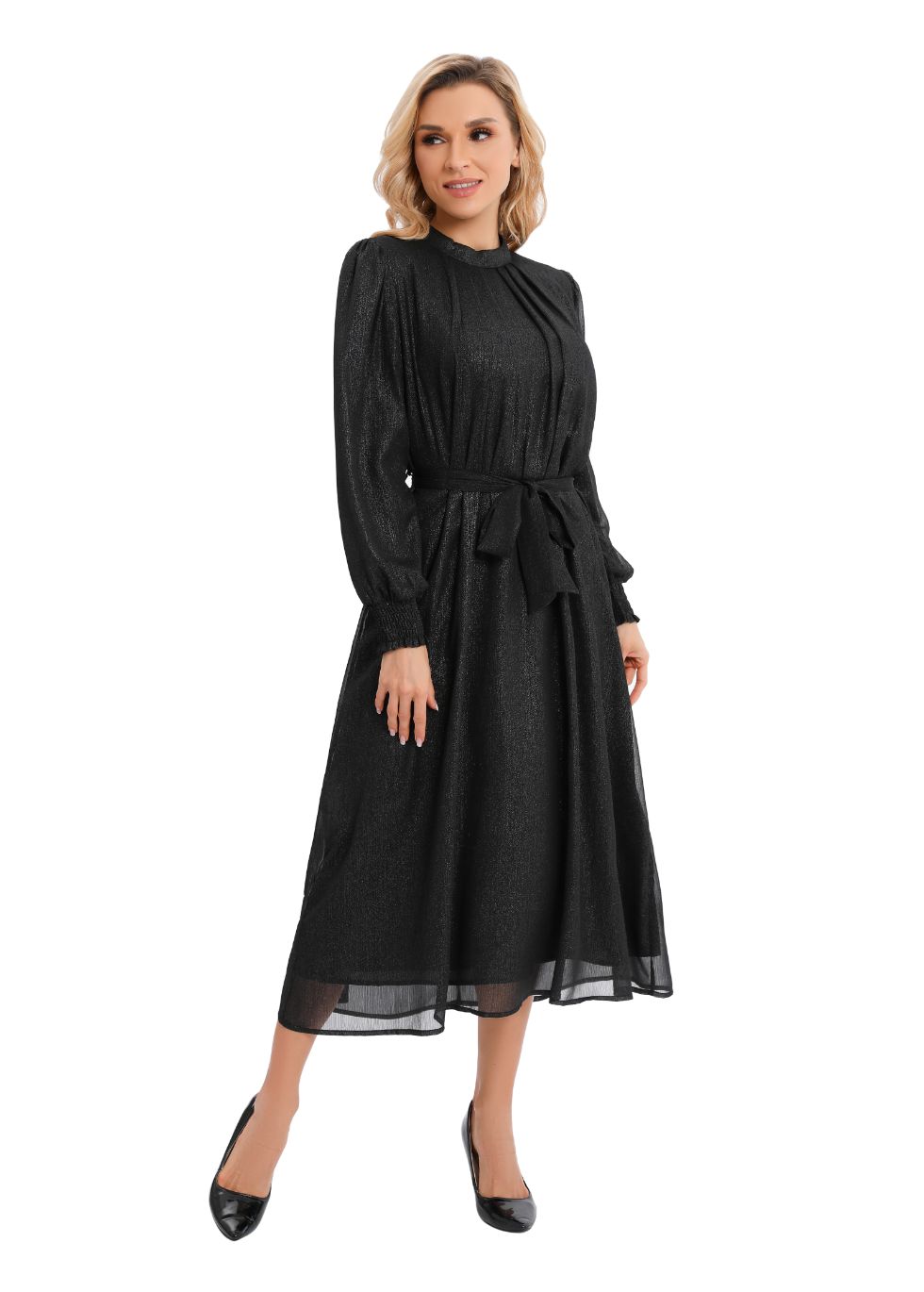 Belted Chiffon Long Sleeve Dress with Gold Shimmer - alamaud