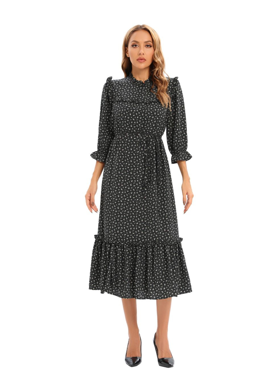 Midi Print Dress with 3/4 Sleeves - alamaud