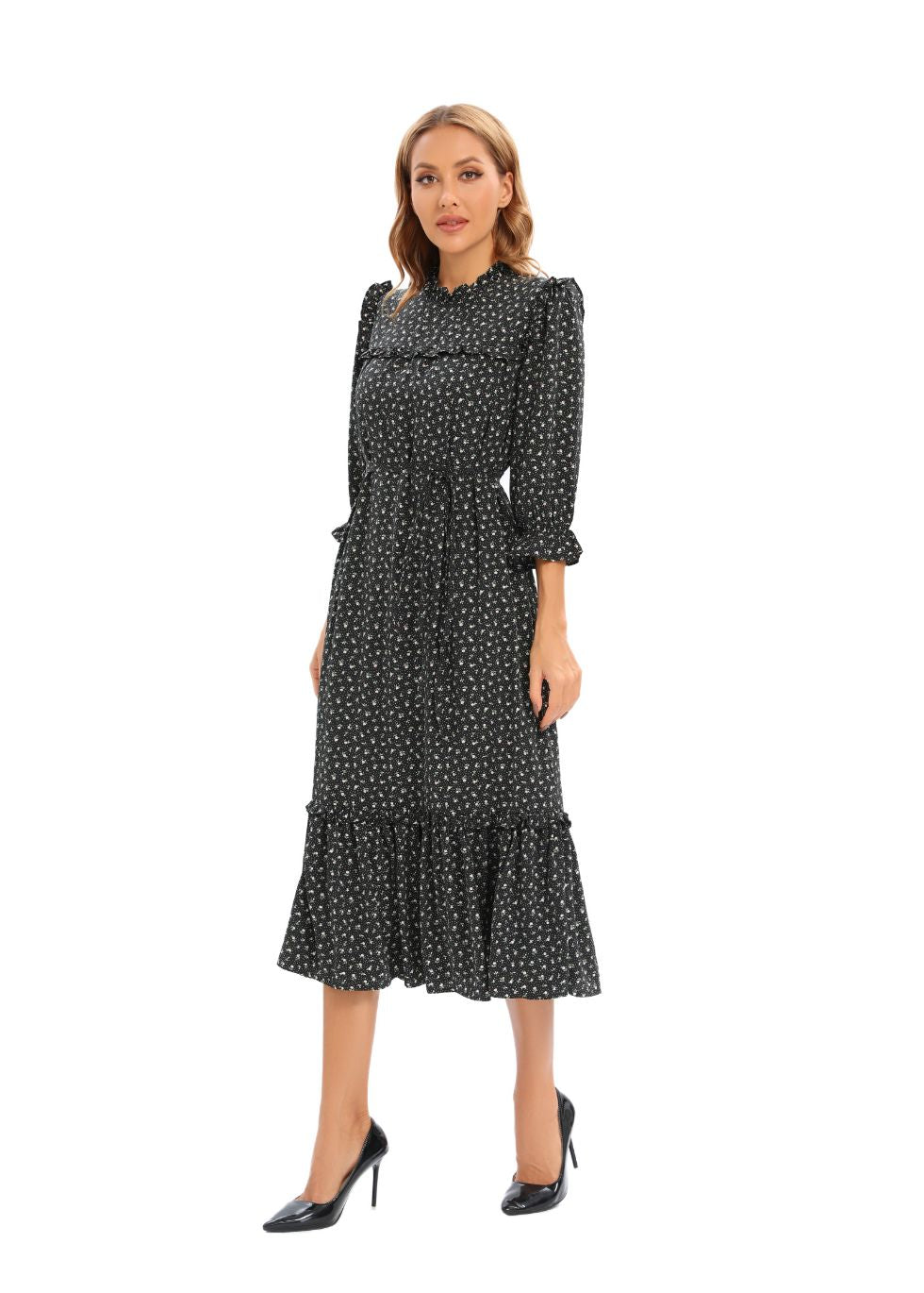 Midi Print Dress with 3/4 Sleeves - alamaud