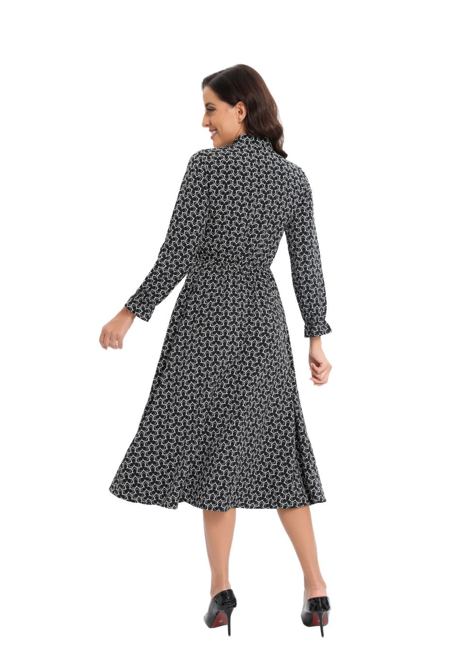 Long Sleeve Modern Print Modest Midi Dress - alamaud