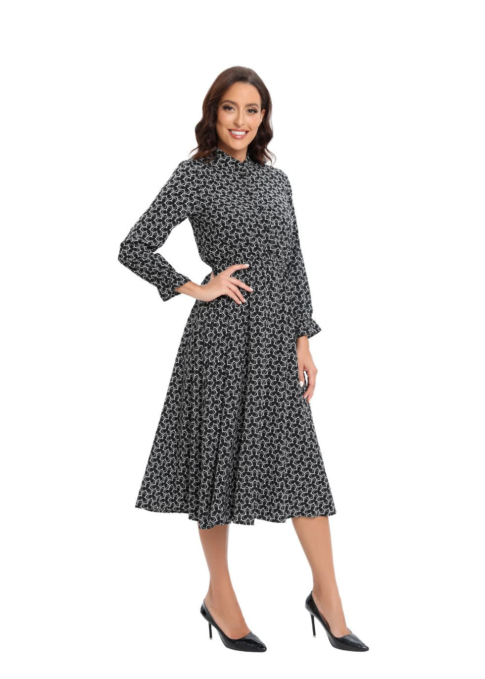 Long Sleeve Modern Print Modest Midi Dress - alamaud