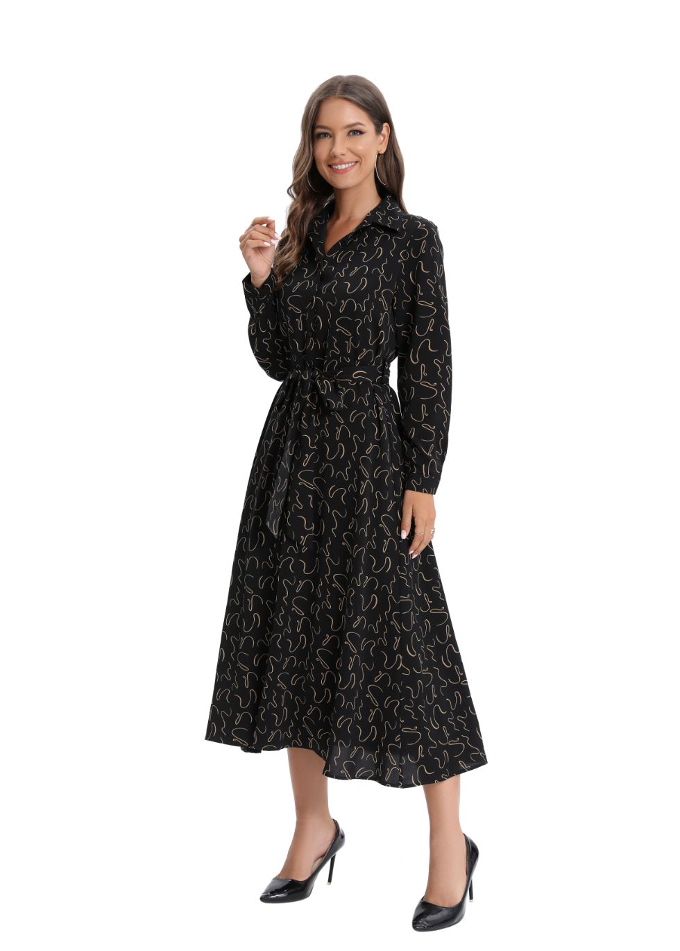 Long Sleeve Subtle Print Dress - alamaud