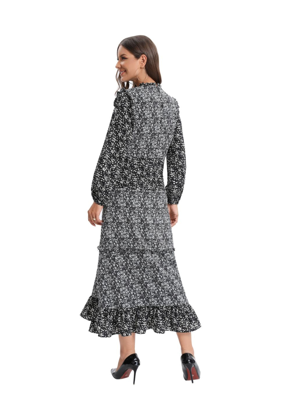 Long Sleeve Mixed Print Dress - alamaud