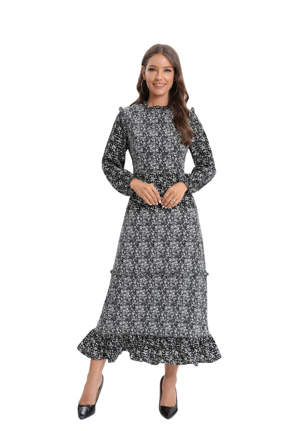 Long Sleeve Mixed Print Dress - alamaud