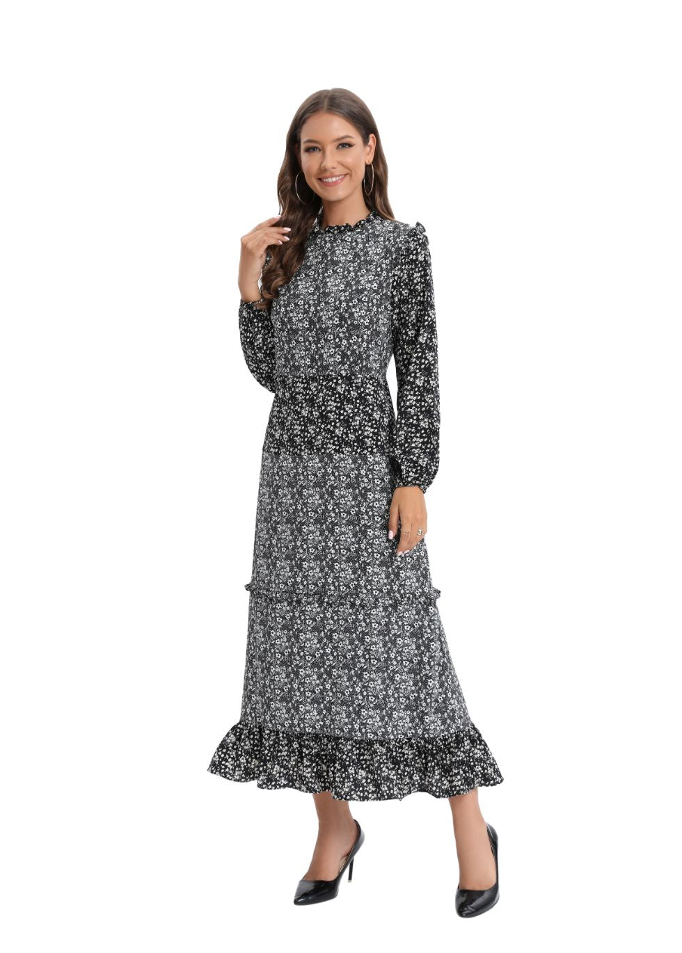 Long Sleeve Mixed Print Dress - alamaud
