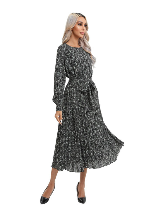 Print Midi Long Sleeve Dress with Detached Belt - alamaud