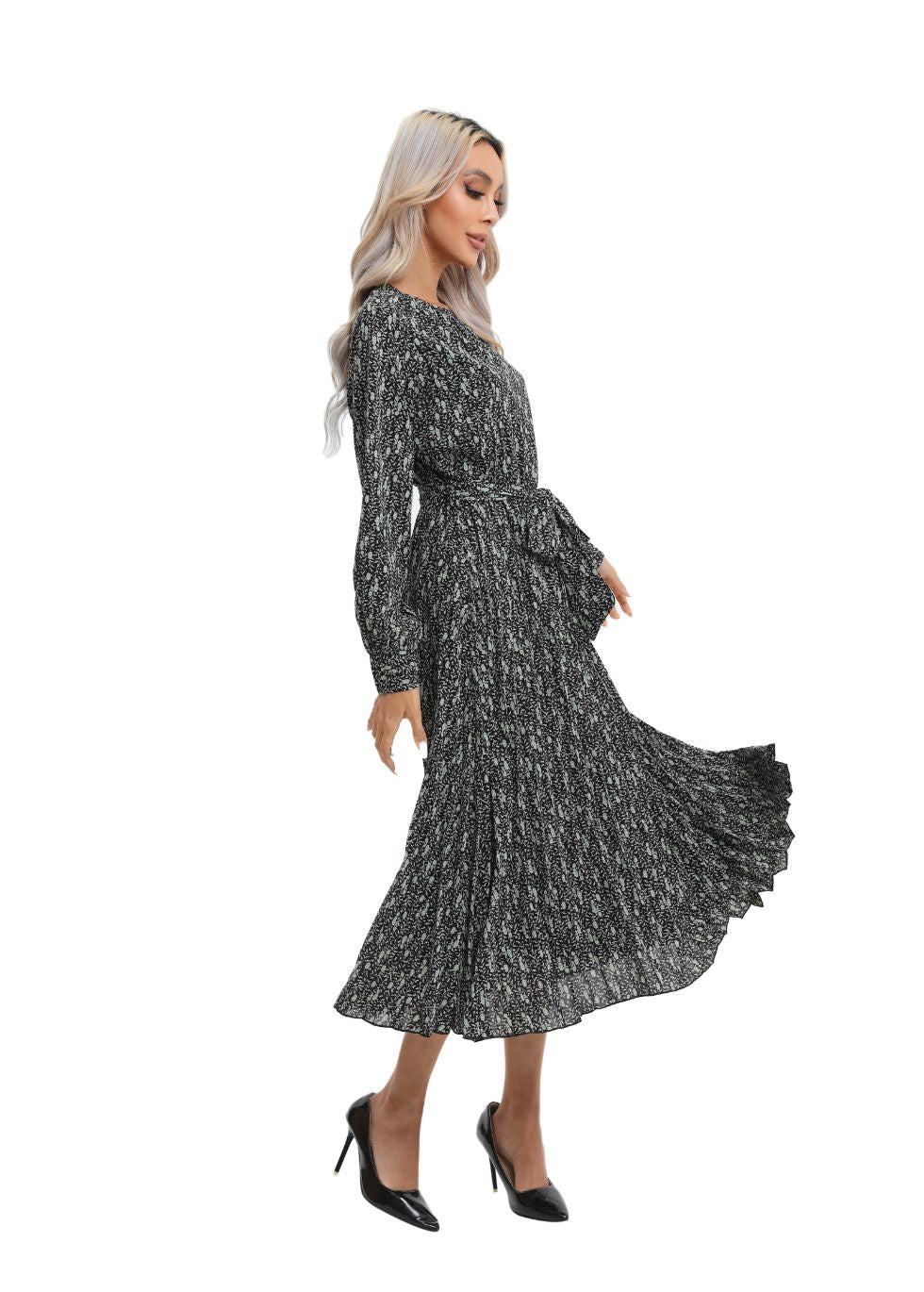 Print Midi Long Sleeve Dress with Detached Belt - alamaud