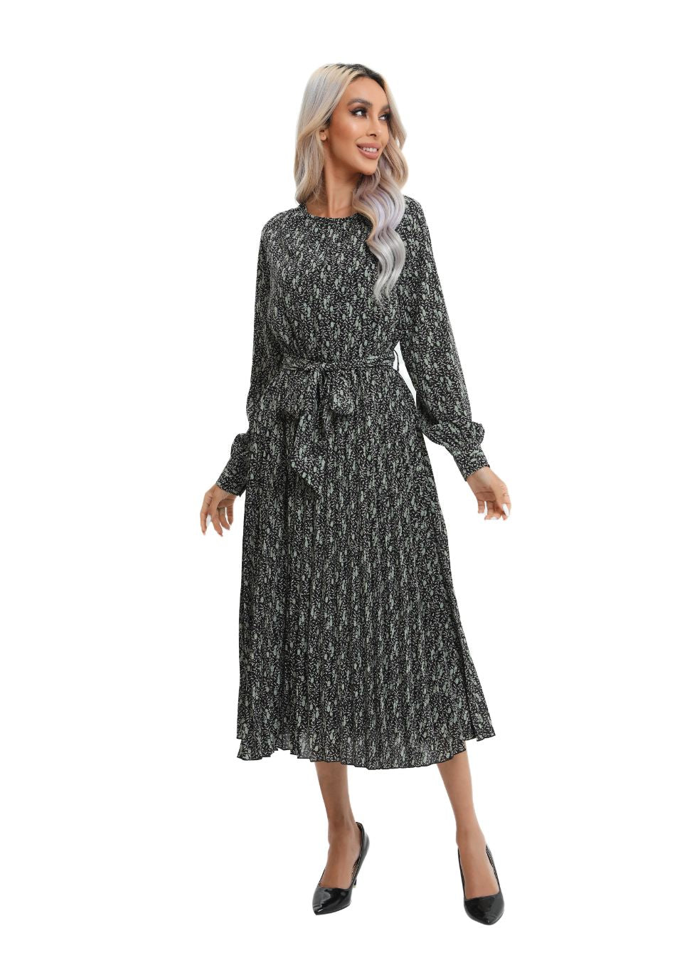 Print Midi Long Sleeve Dress with Detached Belt - seilerlanguageservices